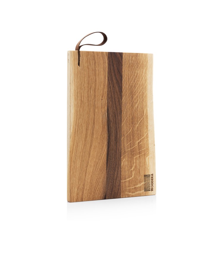 Tocător Rectangle 35 x 25 cm - lemn de Stejar și Nuc, o margine naturală, mâner de piele