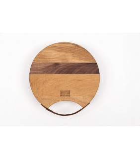 Tocător Multifuncțional 30 cm- lemn de Stejar și Nuc, rotund, mâner de piele